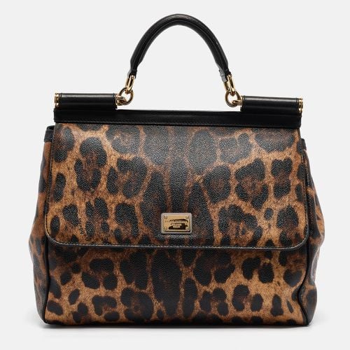 Beige Leopard Print Coated Canvas and Leather Large Miss Sicily Top Handle Bag - Dolce & Gabbana - Modalova