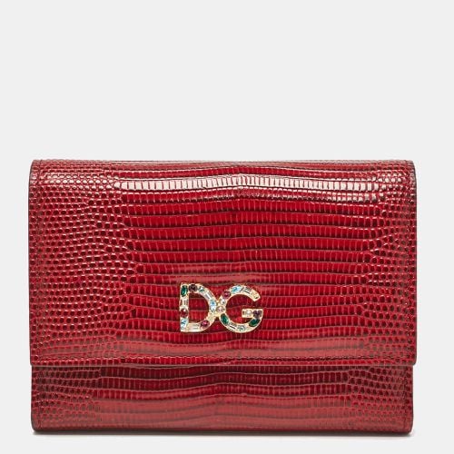 Lizard Embossed Leather DG Crystals Trifold Wallet - Dolce & Gabbana - Modalova