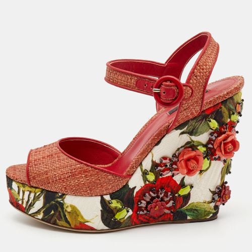 Floral Raffia Wedge Platform Ankle Strap Sandals Size 40 - Dolce & Gabbana - Modalova