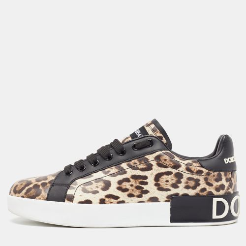 Black/ Leopard Print Leather Portofino Low Top Sneakers Size 40 - Dolce & Gabbana - Modalova