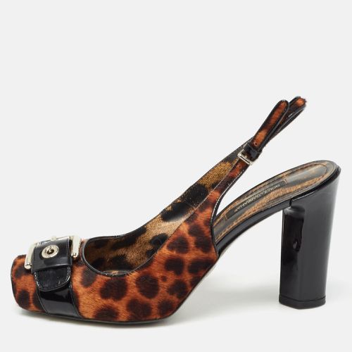 Black Leopard Calf Hair and Patent Open Toe Slingback Pumps Size 37 - Dolce & Gabbana - Modalova