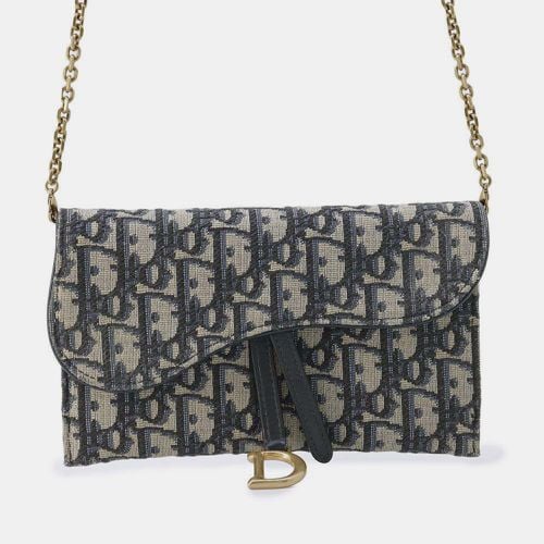 Navy Jacquard/Leather Oblique saddle Chain wallet - Dior - Modalova