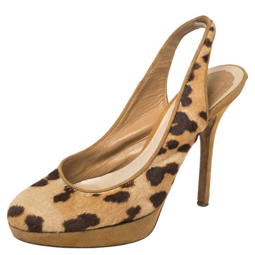 Beige Leopard Print Calf Hair And Suede Slingback Platform Pumps Size 37 - Dior - Modalova