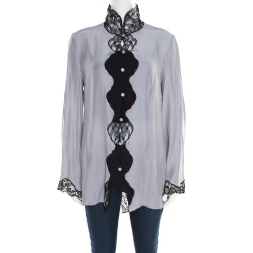 Pearl Silk Contrast Scalloped Lace Trim Flared Sleeve Shirt L - Emporio Armani - Modalova