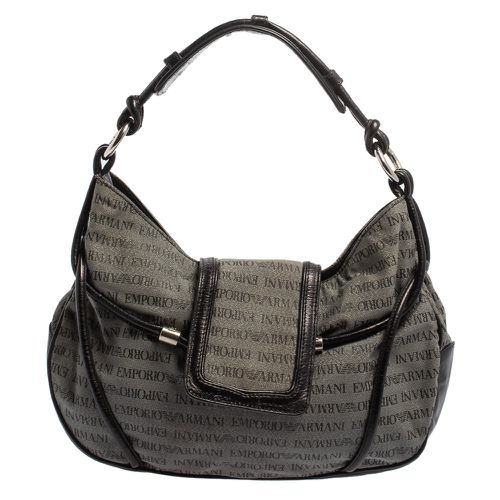 Black/ Monogram Canvas and Leather Hobo - Emporio Armani - Modalova