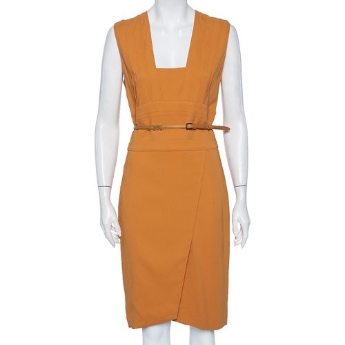 Camel Crepe Pleated Detail Belted Sleeveless Dress S - Elie Saab - Modalova