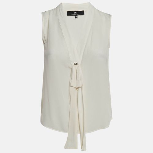 White Crepe V-Neck Bow Detail Top M - Elisabetta Franchi - Modalova