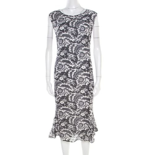 Monochrome Lace Printed Silk Sleeveless Flounce Midi Dress XL - Escada - Modalova