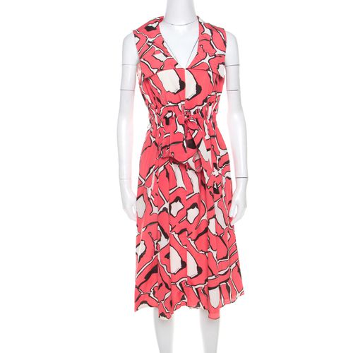 And White Abstract Print Silk Sleeveless Tie Up Dress M - Escada - Modalova