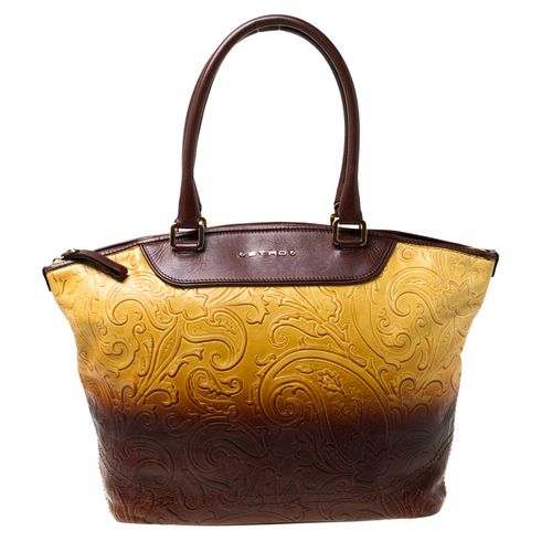 Brown Ombre Paisley Embossed Leather Zip Tote - Etro - Modalova