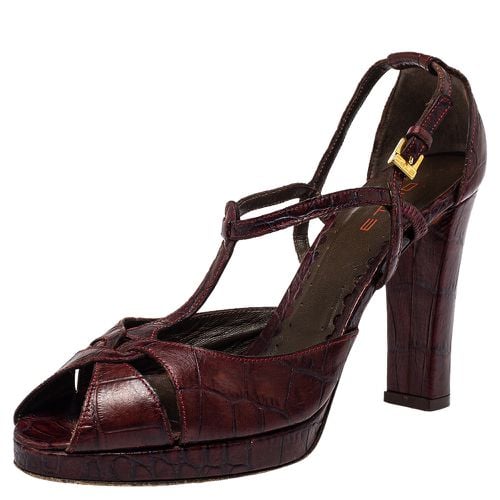 Croc Embossed Leather Peep Toe T Strap Sandals Size 37.5 - Etro - Modalova