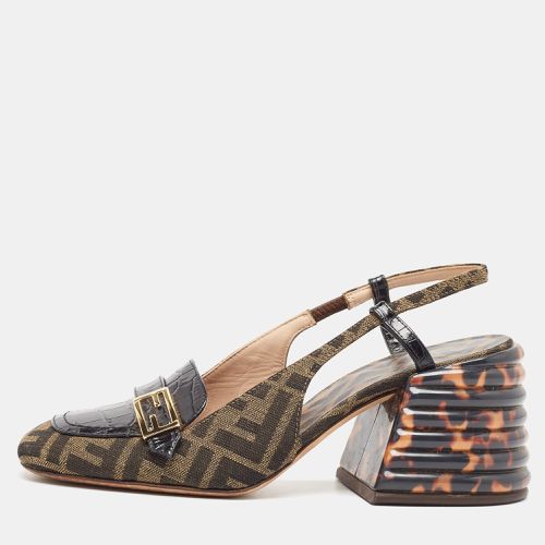 Tobacco/Black Croc Embossed Leather and Canvas Promenade FF Motif Slingback Sandals Size 38 - Fendi - Modalova