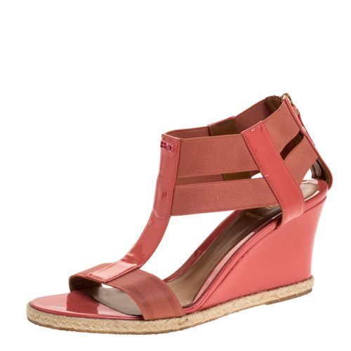 Coral Patent Leather And Elastic Fabric T-Strap Espadrille Wedge Sandals Size 37 - Fendi - Modalova