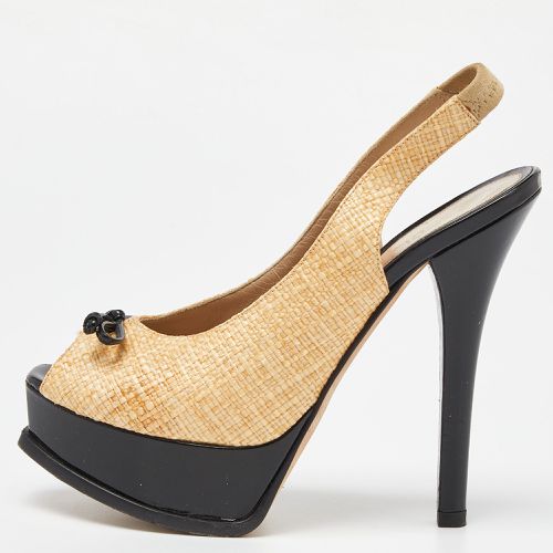 Yellow /Black Woven Raffia and Patent Leather sta Bow Slingback Pumps Size 37 - Fendi - Modalova