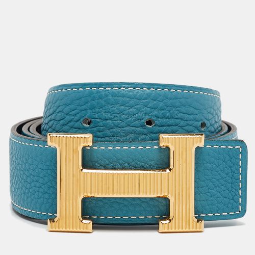 Bleu Jean/Noir Togo and Chamonix Leather H Striee Buckle Reversible Belt 85 CM - Hermes - Modalova