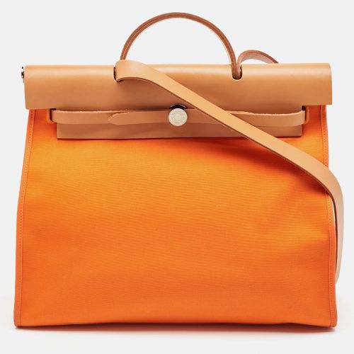 Orange/Natural Toile and Vache Hunter Leather Herbag Zip 39 Bag - Hermes - Modalova