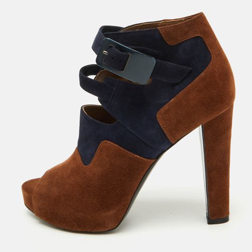 Blue Suede Double Ankle Strap Open Toe Booties Size 37 - Hermes - Modalova