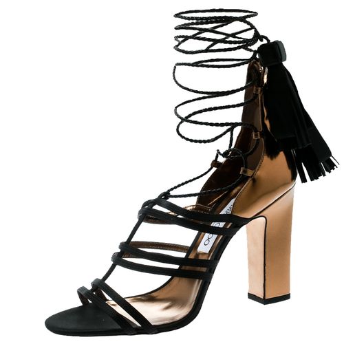 Satin and Metallic Bronze Leather Diamond Ankle Tie Up Sandals Size 40 - Jimmy Choo - Modalova