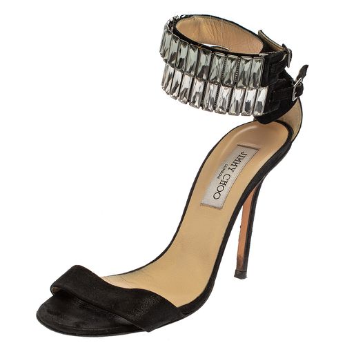 Glitter Nubuck Crystal Embellished Ankle Cuff Sandals Size 38.5 - Jimmy Choo - Modalova