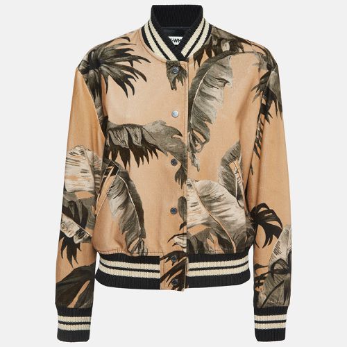 Leaf Print Velvet Cotton Buttoned Bomber Jacket S - Off-White - Modalova