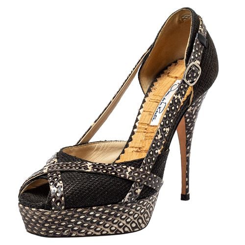 Raffia And Python Leather Peep Toe Platform Pumps Size 37 - Oscar de la Renta - Modalova