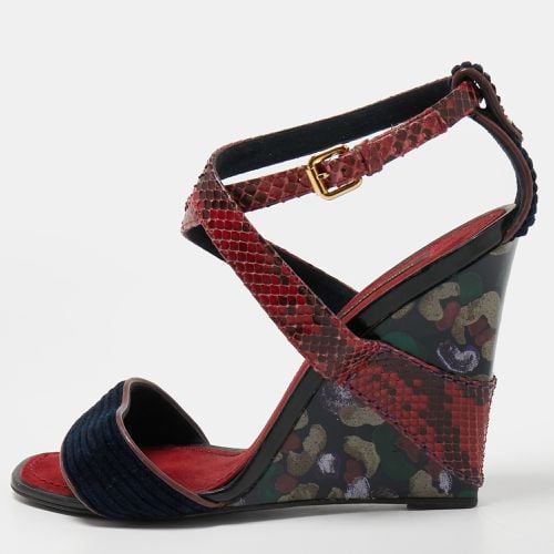 Dark /Navy Blue Snakeskin and Velvet Cross Ankle Strap Wedge Sandals Size 38 - Louis Vuitton - Modalova