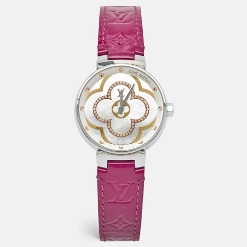 Mother of Pearl Diamond Stainless Steel Leather Tambour QA019 Women's Wristwatch 35mm - Louis Vuitton - Modalova