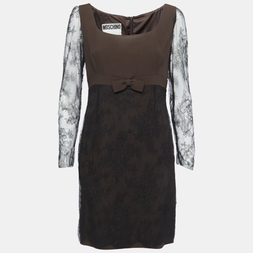 Brown Crepe & Lace Bow Detail Mini Dress L - Moschino Couture - Modalova