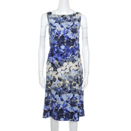 Blue Floral Printed Linen Silk Bateau Neck Shift Dress S - Moschino - Modalova