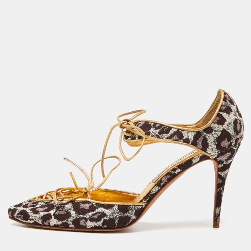 Brown/Gold Brocade Fabric and Leather Lace Up Pointed Toe Pumps Size 40 - Manolo Blahnik - Modalova