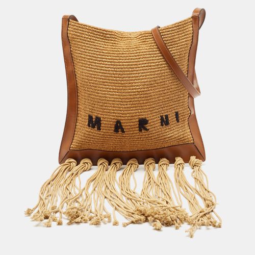 Brown Leather and Raffia Fringe Shoulder Bag - Marni - Modalova