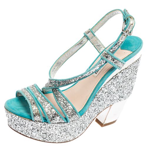 Turquoise Suede and Glitter Ankle Strap Platform Sandals Size 36 - Miu Miu - Modalova