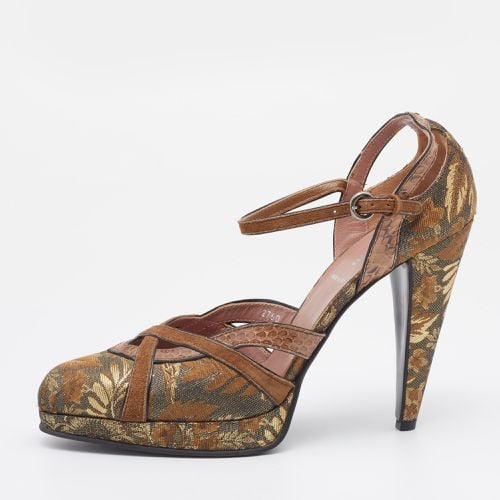 Gold Brocade Fabric And Python Trim D'orsay Ankle Strap Pumps Size 40 - Miu Miu - Modalova