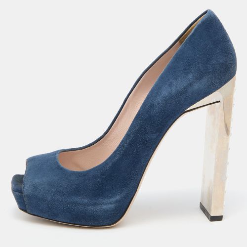 Navy Teal Suede Crystal Heel Peep Toe Pumps Size 38.5 - Miu Miu - Modalova