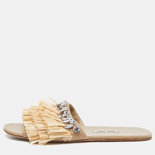 Raffia and Suede Crystals Embellished Slide Flats Size 37 - Miu Miu - Modalova