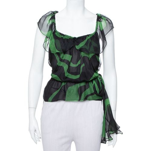 Rive Gauche & Green Silk Tie Detail Ruffled Top S - Saint Laurent Paris - Modalova