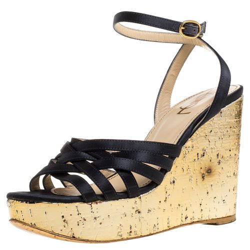 Yves Dark /Gold Satin Strappy Ankle Strap Wedge Sandals Size 36 - Saint Laurent Paris - Modalova