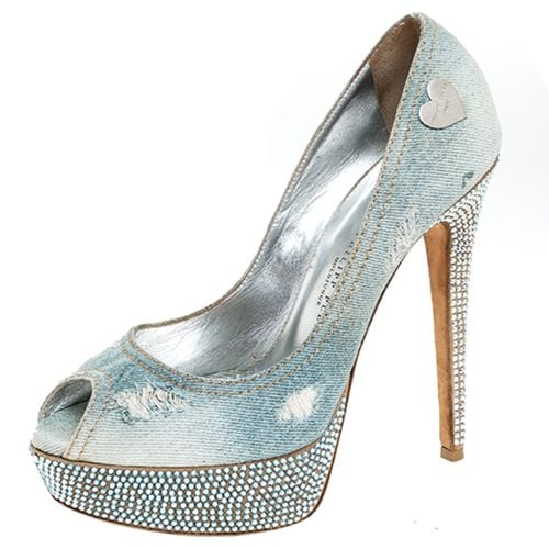 Phillip Plein Crystal Embellished Distressed Denim Peep Toe Platform Pumps Size 39 - Philipp Plein - Modalova