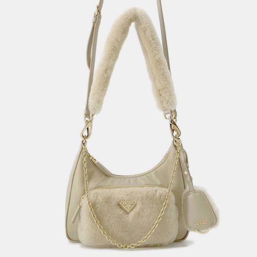 Re-Nylon Shearling Mini Bag Sand Shearling Nylon Leather Bag - Prada - Modalova