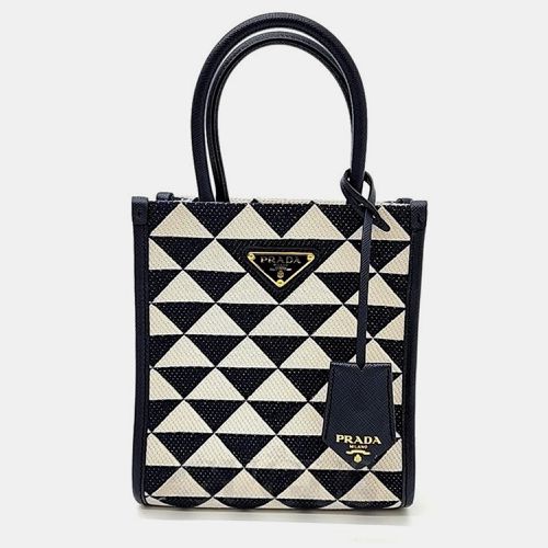 Cream/ Triangle Canvas and Leather Symbole Tote Bag - Prada - Modalova