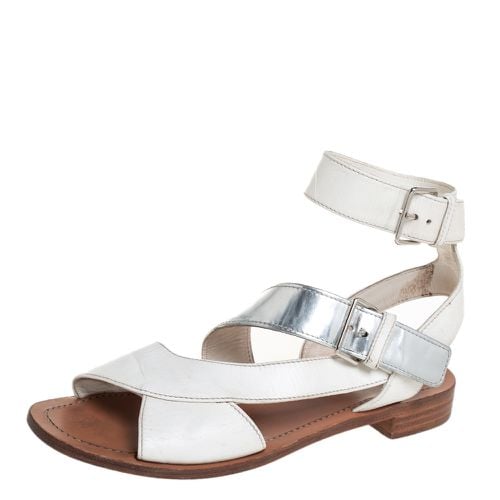 Silver Leather Flat Ankle Strap Sandals Size 37 - Prada - Modalova