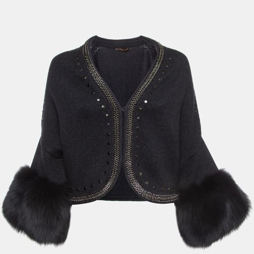 Fox Fur Trimmed Wool Blend Embellished Cardigan S - Roberto Cavalli - Modalova