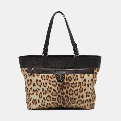 Beige Leopard Print Fabric and Leather Front Zip Tote - Roberto Cavalli - Modalova