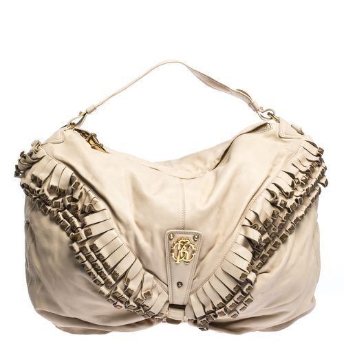 Cream Leather Studded Fringe Hobo - Roberto Cavalli - Modalova