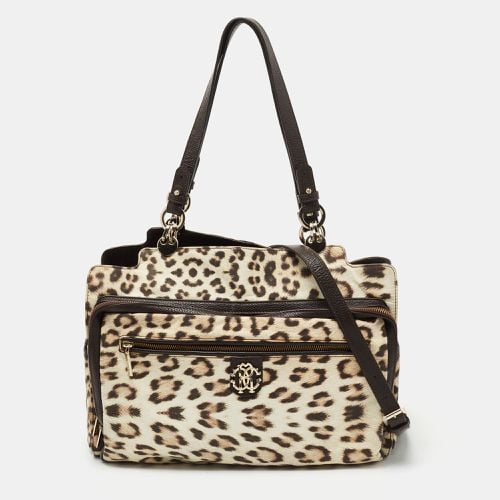 Beige Leopard Satin and Leather Tote - Roberto Cavalli - Modalova