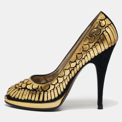 Gold/ Suede Leather Fish Scale Peep Toe Platform Pumps Size 40 - Roberto Cavalli - Modalova