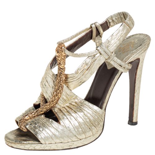 Python Snake Embellished Slingback Sandals Size 38 - Roberto Cavalli - Modalova