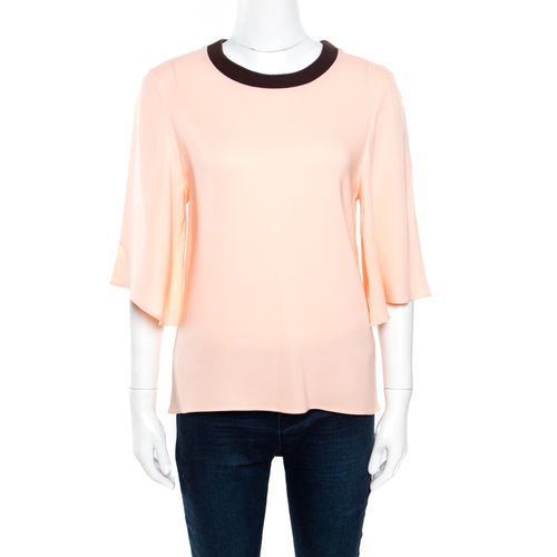 Peach Crepe Contrast Ribbed Neck Detail Flared Sleeve Top S - Roksanda Ilincic - Modalova