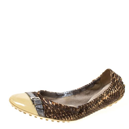 Cream Python and Patent Leather Cap Toe Buckle Scrunch Ballet Flats Size 38 - Tod's - Modalova