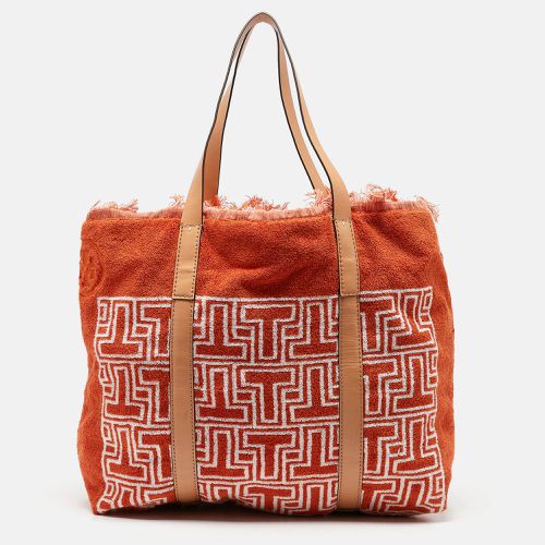 White Terry Cloth and Leather Printed Tote - Tory Burch - Modalova